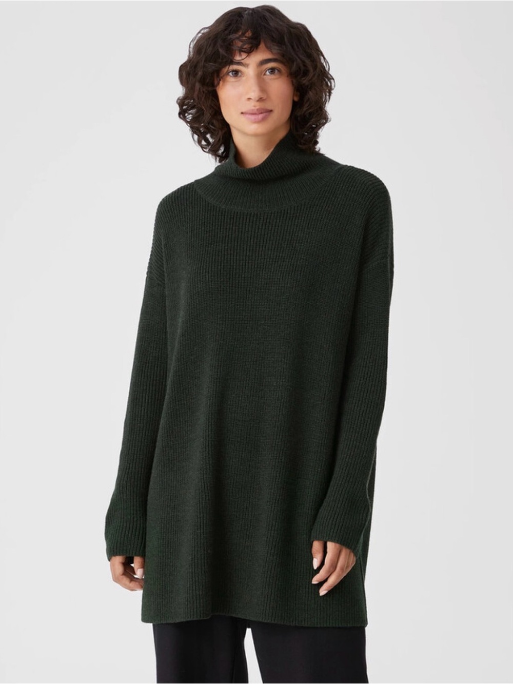 Eileen Fisher Dark Green Ribbed Extra Fine Merino Wool Turtleneck Sweater XS